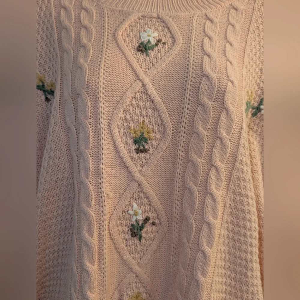 So Me Pink Cable Knit Sweater with Floral Embroidery Size Medium - Picture 5 of 7